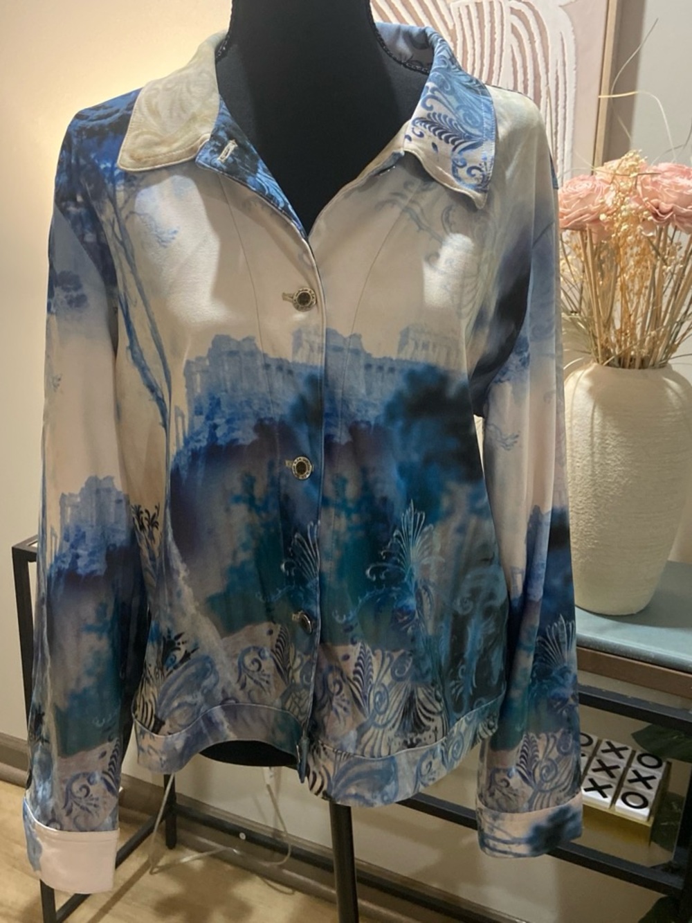 Pulse Blue and Cream Watercolor Button-Down Blouse
